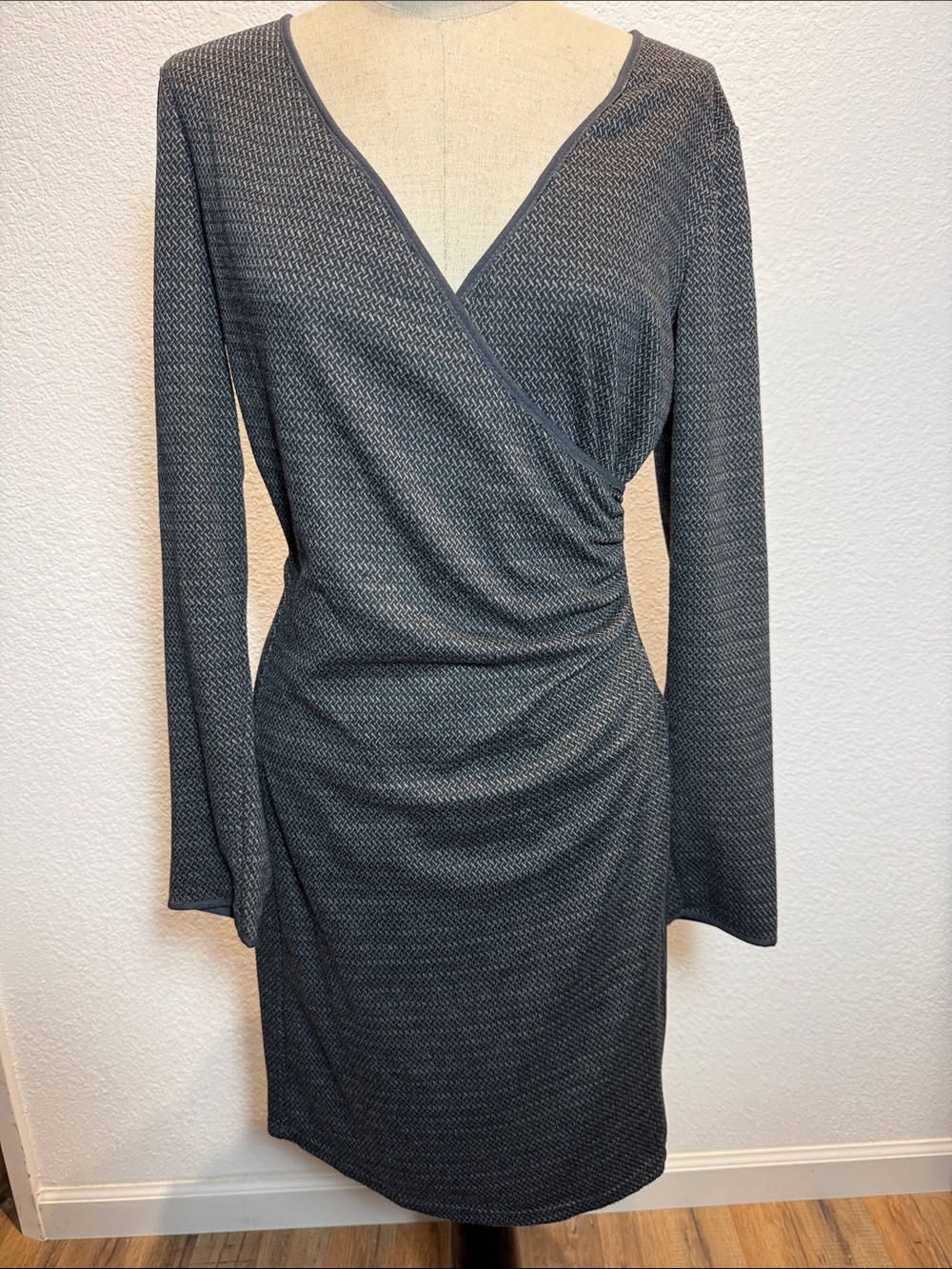 Max Studio Charcoal Gray Faux-Wrap Long Sleeve Dress